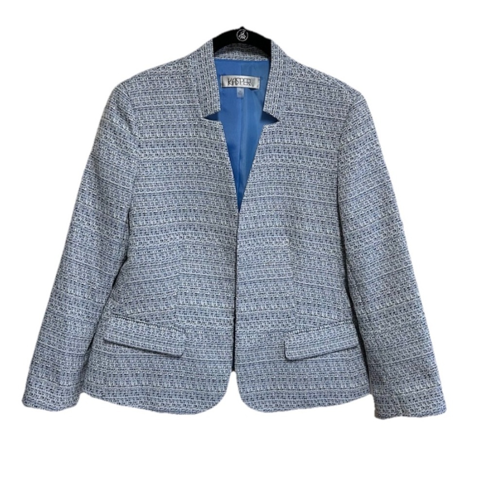 Kasper Blazer Jacket Size Medium Blue Tweed 3/4-Sleeve Lined Career Work NEW